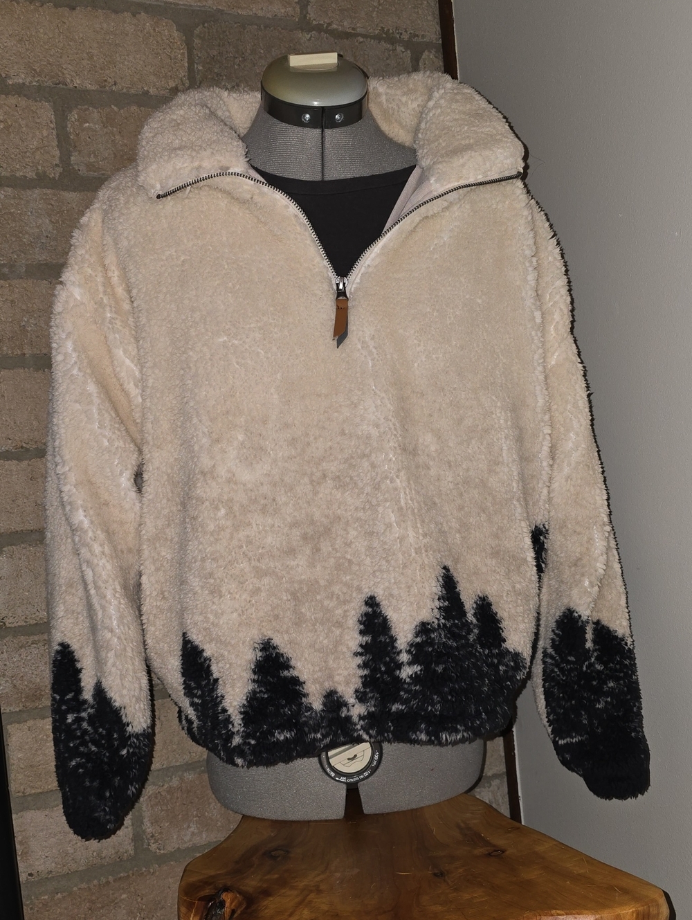 Cozy Cream Sherpa Pullover Sweater with Black Tree Border